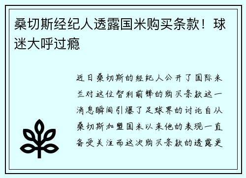 桑切斯经纪人透露国米购买条款！球迷大呼过瘾