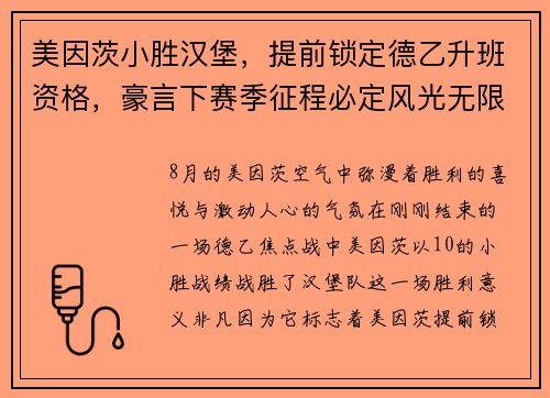 美因茨小胜汉堡，提前锁定德乙升班资格，豪言下赛季征程必定风光无限