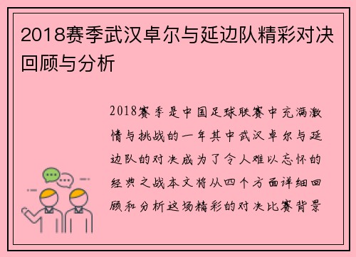 2018赛季武汉卓尔与延边队精彩对决回顾与分析